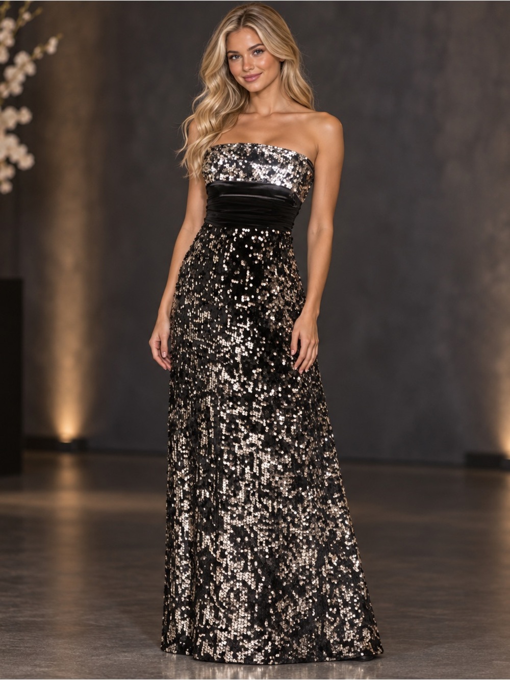 Xtraordinary Black Silver Sequin Strapless Formal Gown/ Prom Gown Dress M